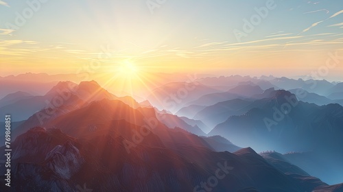 Sunburst over misty mountains paints a divine spectacle of light and shadow.
