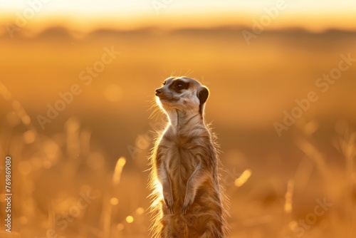 meerkat standing alert, sun setting in savanna © primopiano