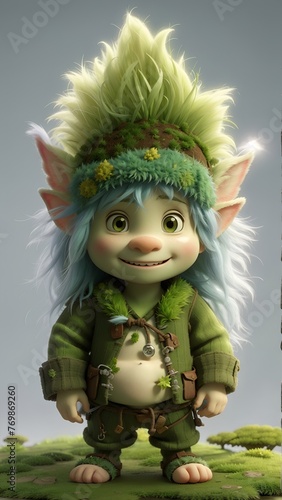Cute Troll Character in green suit, cartoon 3D toy. Generative AI character