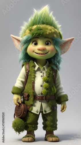Cute Troll Character in green suit, cartoon 3D toy. Generative AI character