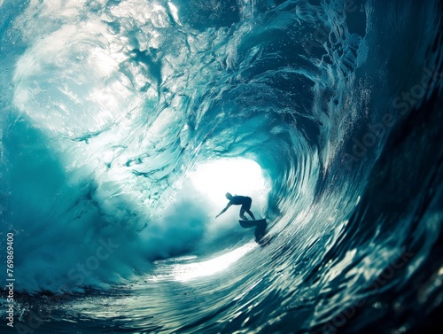 A surfer is silhouetted against the light, skillfully navigating the curl of a massive turquoise wave