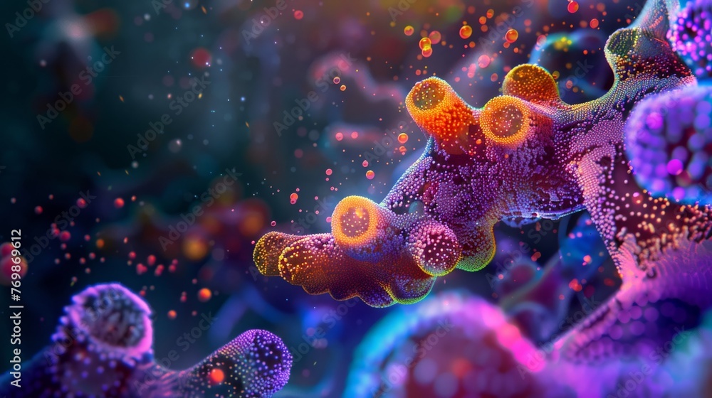 High magnification of polymerase enzymes at work, vivid colors, detailed action, backlighting, scientific insight High magnification of polymerase enzymes at work, vivid colors, detailed action, backlighting, scientific insight