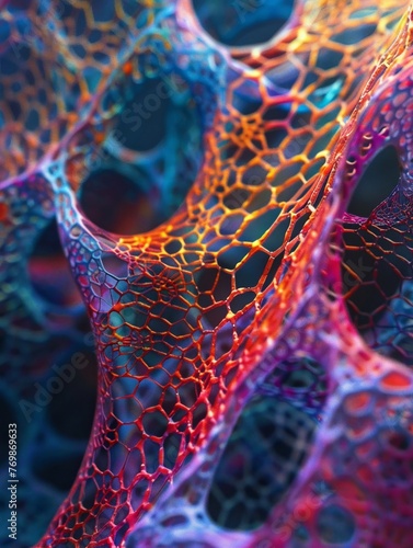 Intricate capillary web in muscle, ultra macro, dynamic contrast, lively colors