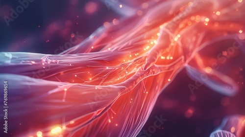 Intricate view inside muscle, capillaries highlighted, angled shot, soft glow, realistic colors