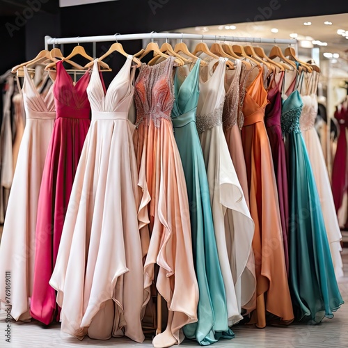 There are many colorful FINK ABD WHITE elegant formal BRAW AND EVINING DRESS for sale in a luxury modern shop boutique. Prom gown, wedding, evening, BRAW dress details. Dress rental for various occasi