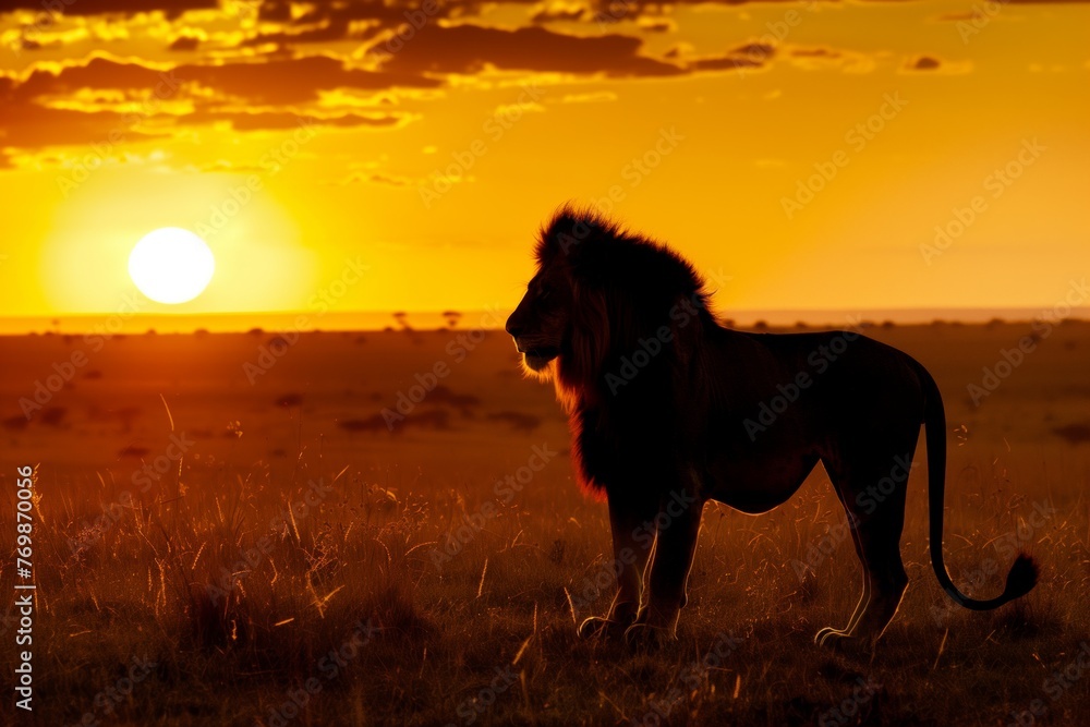 lion silhouette with sunset over savanna lion silhouette with sunset over savanna