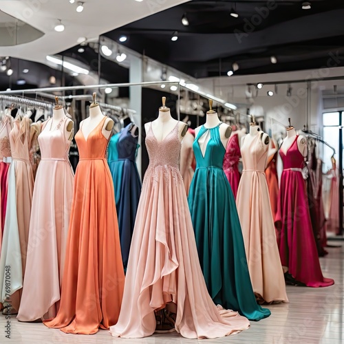 There are many colorful FINK ABD WHITE elegant formal BRAW AND EVINING DRESS for sale in a luxury modern shop boutique. Prom gown, wedding, evening, BRAW dress details. Dress rental for various occasi