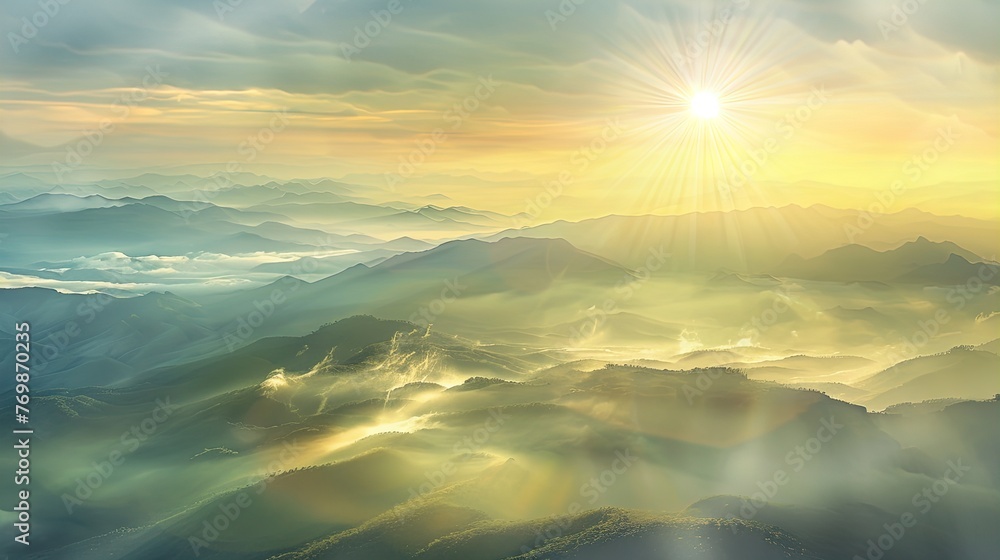 Sunburst over misty mountains paints a divine spectacle of light and shadow. Sunburst over misty mountains paints a divine spectacle of light and shadow.