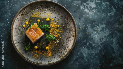 Fototapeta Naklejka Na Ścianę i Meble -  Restaurant photo, braised pork belly, pumpkin mousse, spinach mousse, basil-lime oil, parsley cake and lemon zest served on a concrete plate