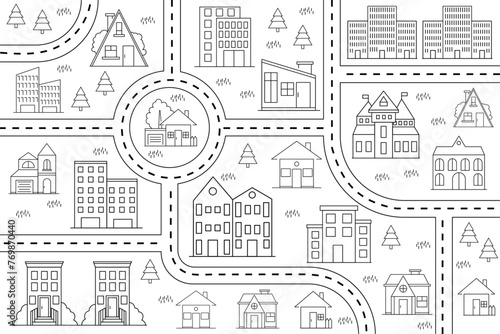 Children's vector card with street and cars. A game for children with a road in the form of a labyrinth.