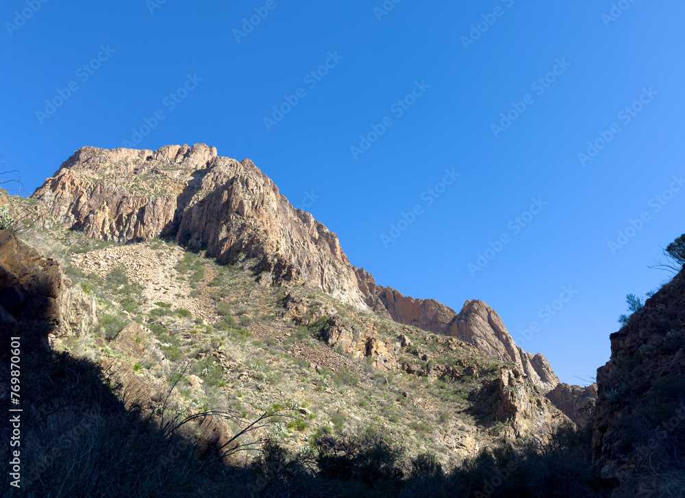 An illuminated rocky mountain range in the desert of Texas and the American Southwest. This sandstone and sand landscape has plants and stone against the blue sky of Big Bend National Park.