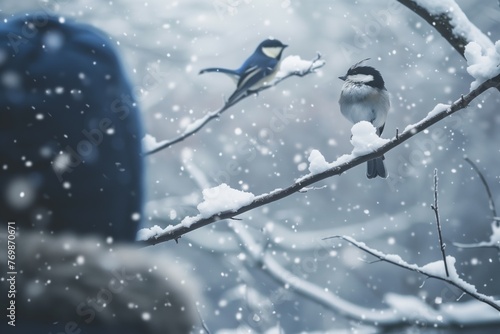 birds perched on snowy branch as person watches