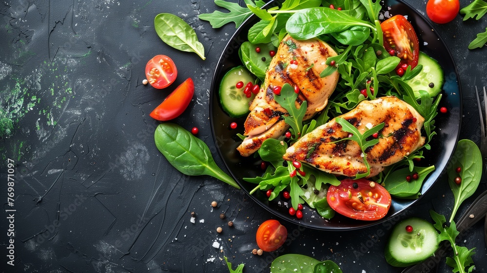 Fresh salad with tomatoes, cucumbers, and chicken fillet on a plate. Top view. Healthy menu. Chicken salad Fresh salad with tomatoes, cucumbers, and chicken fillet on a plate. Top view. Healthy menu. Chicken salad
