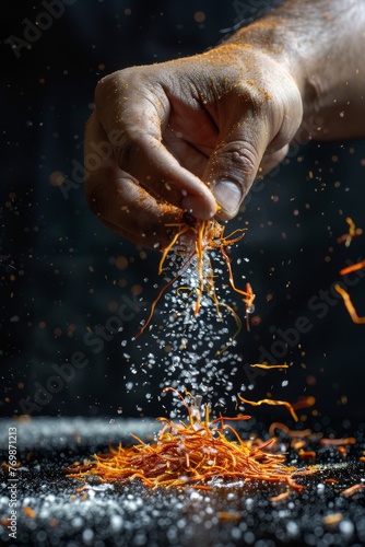 Commercial photo, chef's finger sprinkling saffron black background, suitable for banner design photo