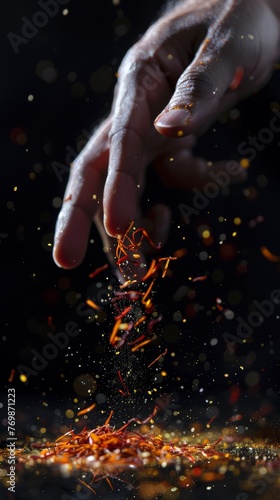 Commercial photo, chef's finger sprinkling saffron black background, suitable for banner design