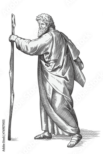 An old man with a beard in a cloak holds a staff in his hands and walks. Ancient engraving.