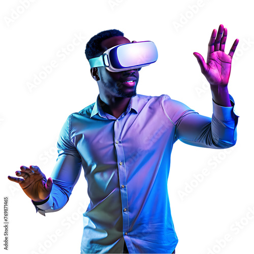 young men using vr-glasses with neon lights