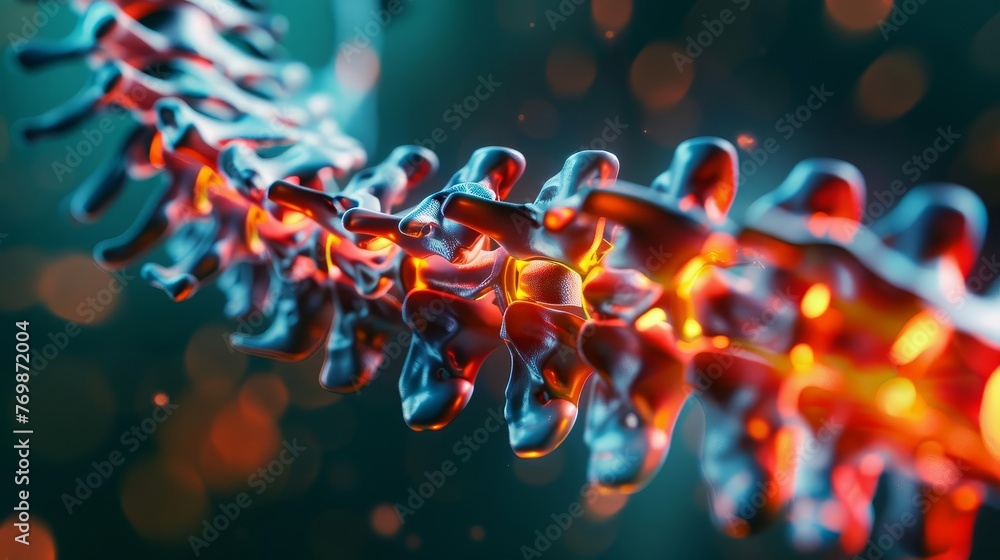 Human spine visualizing pain with red and orange colors, 3D illustration