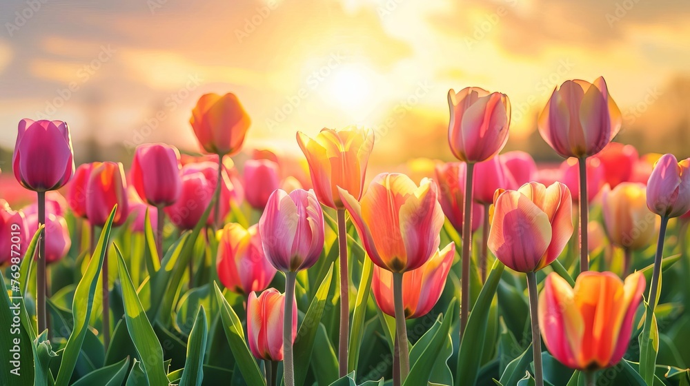 Idyllic field of colorful tulips illuminated by warm sunlight in springtime - Panoramic landscape
