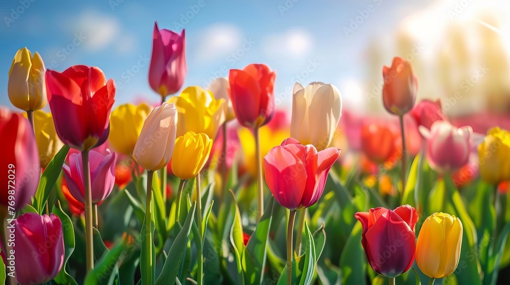 Idyllic field of colorful tulips illuminated by warm sunlight in springtime - Panoramic landscape