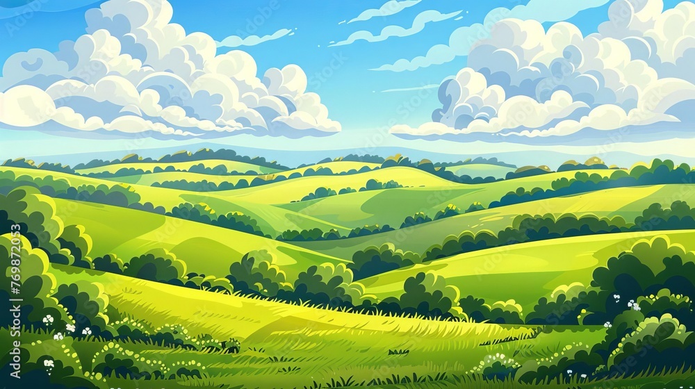 Idyllic summer landscape with green fields and fluffy clouds, peaceful nature - Cartoon illustration