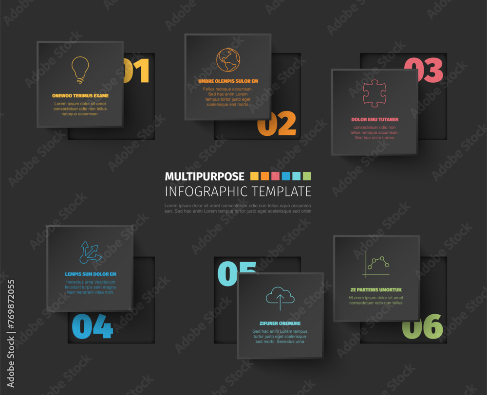 Vector progress six steps template on dark gray background Vector progress six steps template on dark gray background