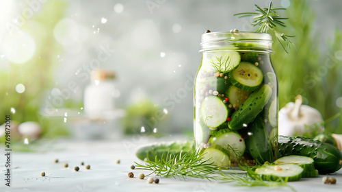 Homemade pickled cucumbers in a jar on a light background