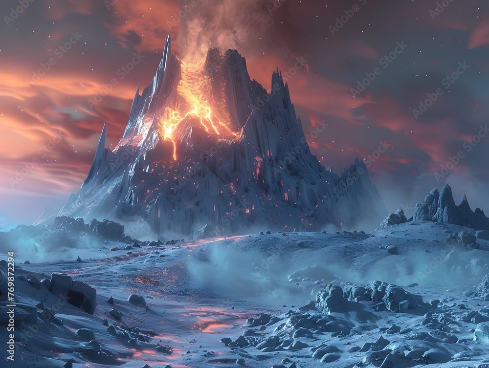 Erupting Fiery Volcano in Otherworldly Celestial Landscape