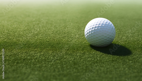 Close-up of a golf ball on the vibrant green turf with morning dew, symbolizing leisure and the game of golf