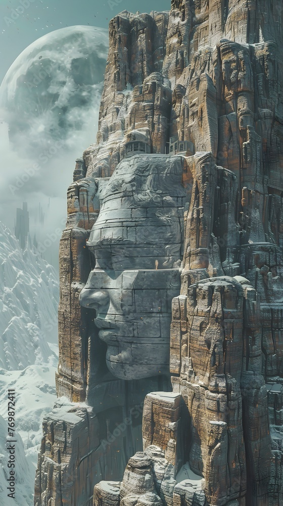 Naklejka premium Majestic Frozen Fortress Reaching Towards Ethereal Moon in Enigmatic Mountainous Landscape