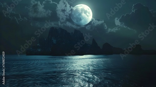 Mystical Moonlit Seascape with Majestic Mountain Silhouettes