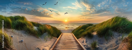 a wooden boardwalk leading to the sea at sunset, offering a mesmerizing panoramic view of dunes, grassland landscape, and seagulls soaring against a stunning sky. photo