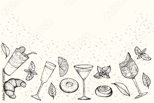 Alcoholic cocktails and delicious sweet buns hand drawn vector illustration. Cocktails sketch set. Engraved style. Hand Mint Leaves.