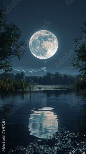 Full moon over a tranquil lake, reflection on water, low angle, night, hyper-realistic 