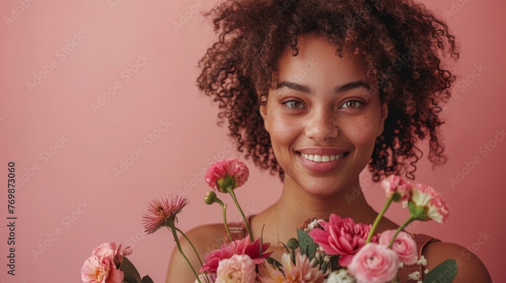 Woman Holding Bunch of Flowers in Front of Face Woman Holding Bunch of Flowers in Front of Face