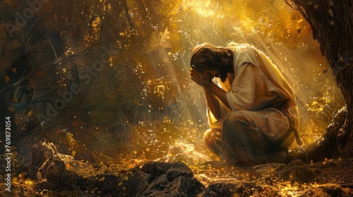 Jesus Christ praying in the Garden of Gethsemane, spiritual religious art, digital oil painting