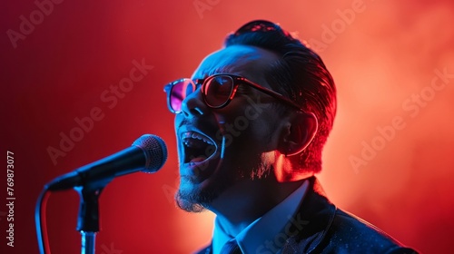 Man With Glasses Singing Into Microphone photo