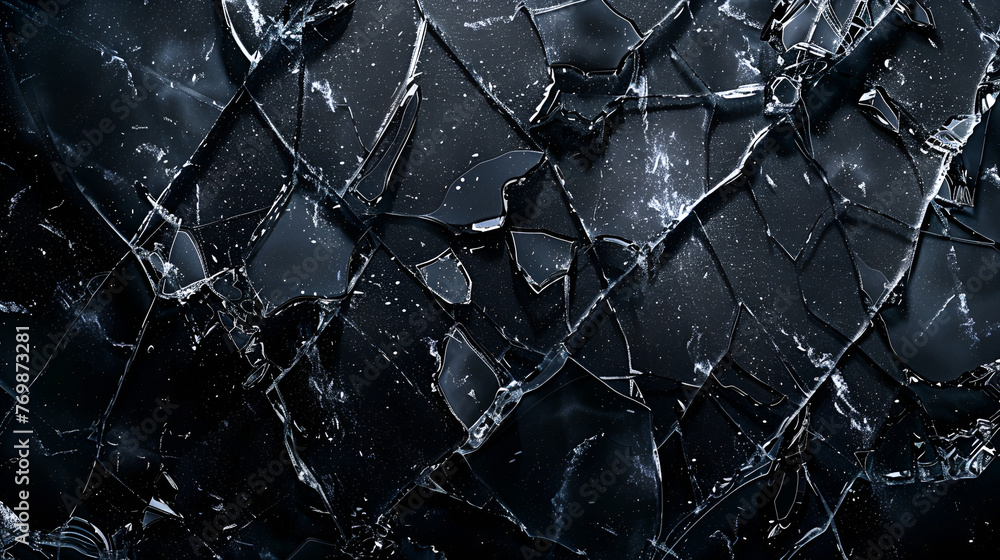broken glass, Broken glass on black background, Texture broken glass with cracks. Abstract of cracked screen Smartphone from shock., broken glass with sharp pieces over black, Generative Ai - obrazy, fototapety, plakaty 