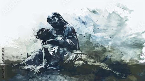 Jesus Taken Down from the Cross, Pieta Scene, Mother Mary Holding Son, Digital Watercolor Painting photo