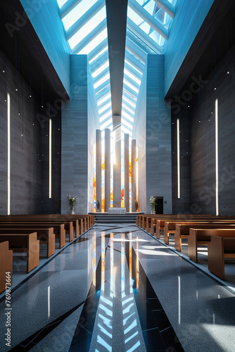 A modern minimalist church interior with sleek lines and a large hall V4