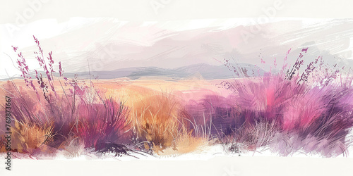 Serene landscape with purple and pink flowers blooming in field against backdrop of majestic mountains and hills