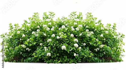 Lush green bushes with small white flowers isolated on white background, cut out