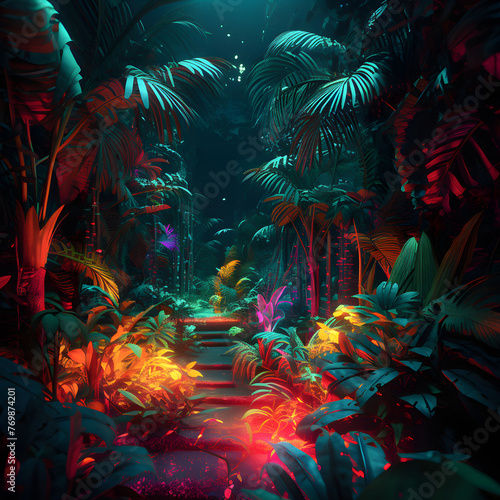 Indoor Jungle with neon colors such as fluorescence V3 © Dipto AI Art Hub