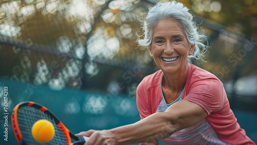Wallpaper Mural Senior woman playing tennis on tennis court. Torontodigital.ca