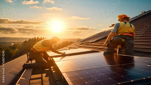 Builders installing solar panel system on roof of house. Men workers in helmets carrying photovoltaic solar module outdoors. Concept of alternative and renewable energy. photo