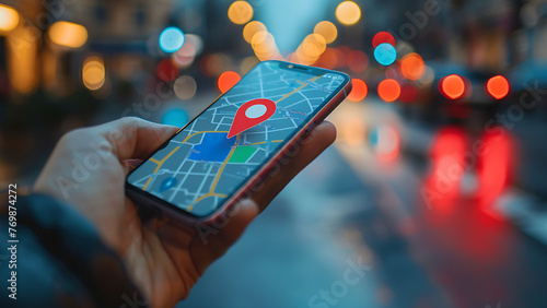 Wallpaper Mural Woman holding smart phone with gps map navigation app with planned route on screen. Torontodigital.ca