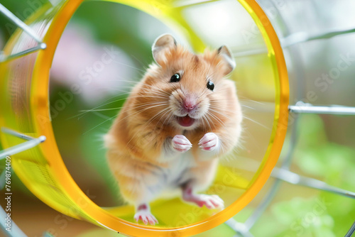 the cuteness a baby hamsters playful portrait showcases its endearing smile while happily snacking and spinning on its wheel
