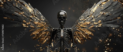 A black skeleton angel with gold leaf wings on a black background