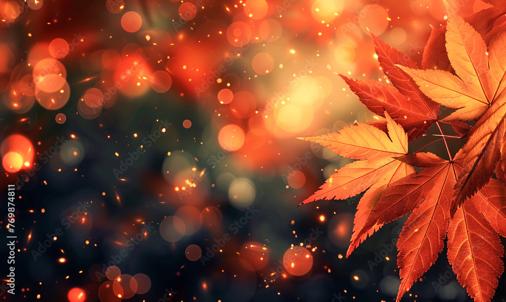 abstract background with bokeh effects accentuated by vibrant orange maple leaves