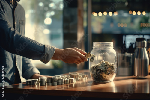 Unrecognizable male coffee shop customer places cash into a tip jar photo